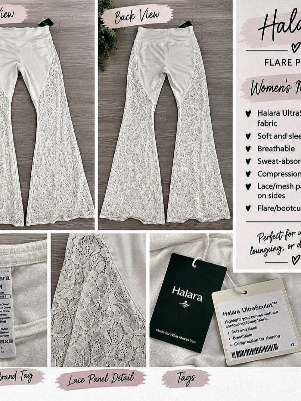 Halara UltraSculpt High Waisted Tummy Control Contrast Lace Yoga Flare Leggings